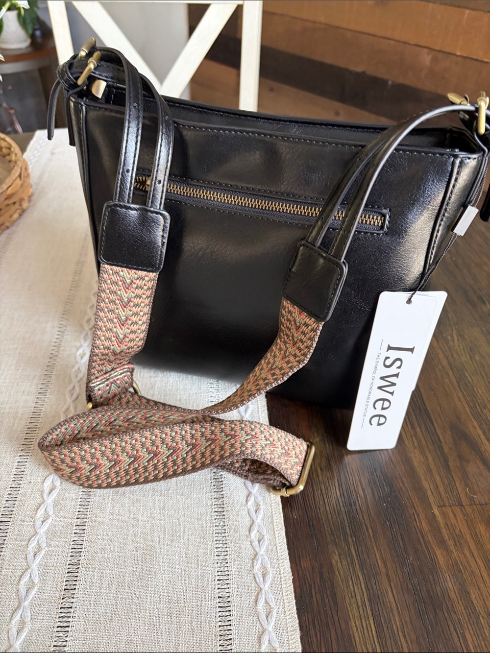 Iswee Black Real Cowhide Leather Hobo Bag + Patterned Woven Strap NEW